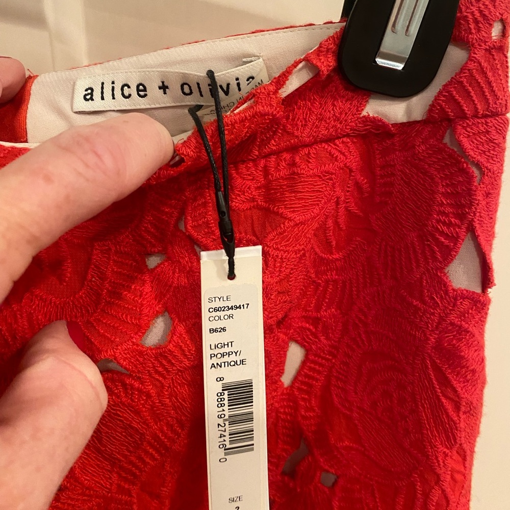 Alice and Olivia red embroidered midi skirt